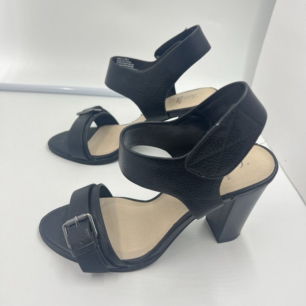Simply Vera Sandals Wang Womens Black Pebbled Block Heel Ankle Strap Sandals 6